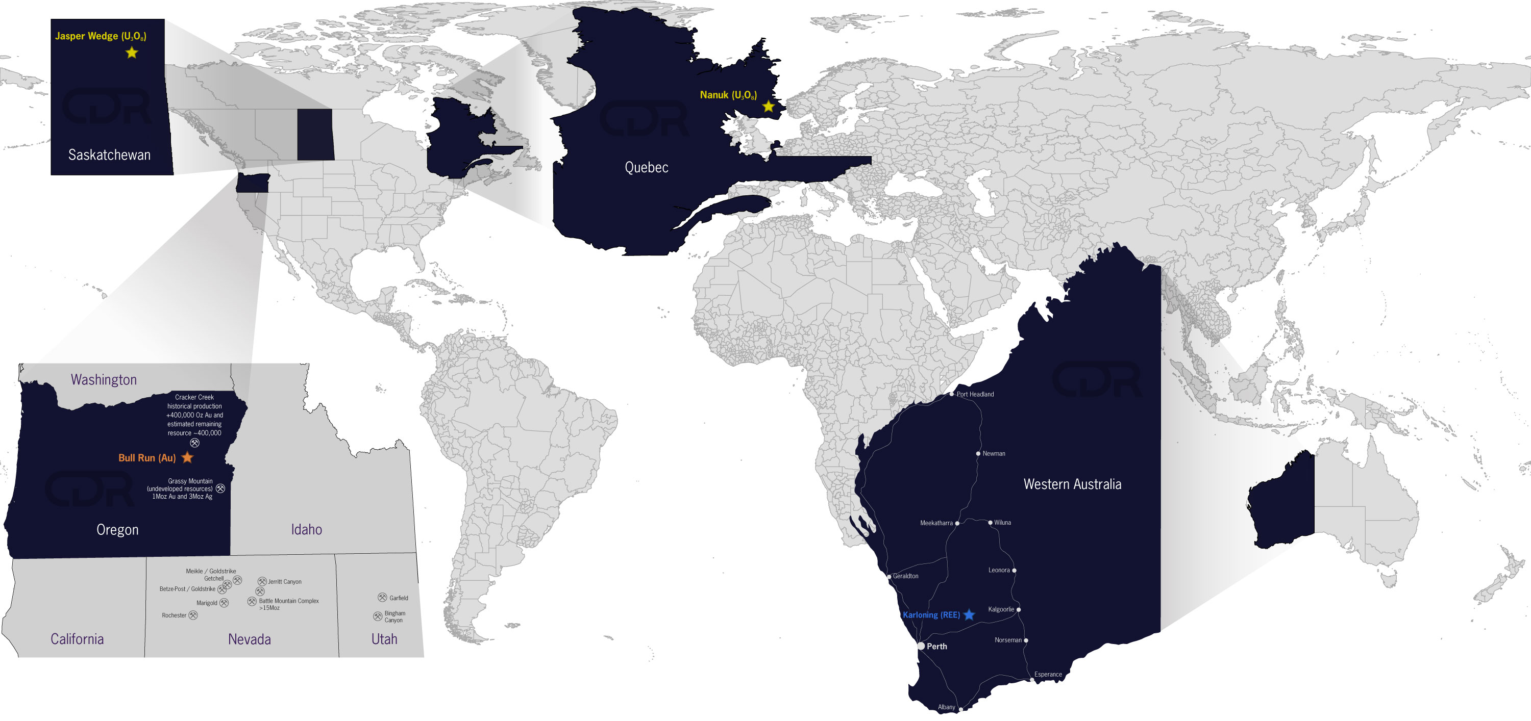 Codrus project location map showing Karloning REE location in Western Australia, Bull Run gold in Oregon, Japer Wedge uranium in Saskathchewan, and Nanuk uranium in Quebec